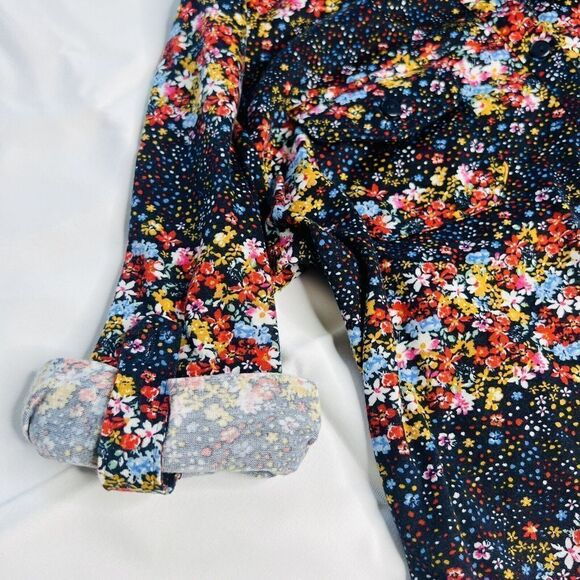 Eden & Olivia M Black Floral Flower Button Down Top Comfy Roll Up Sleeves 0767 - Picture 8 of 13
